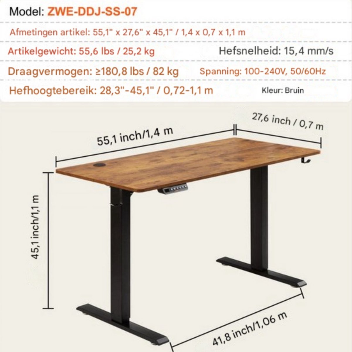 Elektrisch zit sta bureau Deluxe - Verstelbaar - 140x70cm - Voor Thuis en op Kantoor - In Hoogte Verstelbaar - Geheugenbediening thumbnail 7