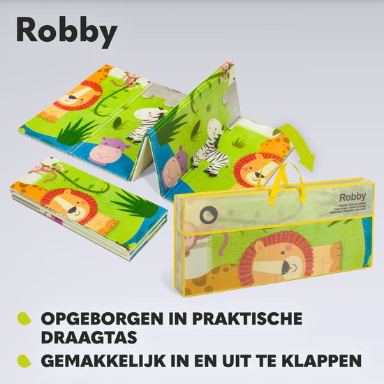 Gevouwen safari speelkleed met leeuw en zebra. Inclusief opbergtas. Makkelijk op te vouwen.