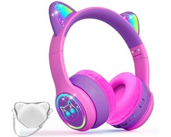 StayPowered Kinder Bluetooth Hoofdtelefoon - Perfect voor School & Reis - Veilig Volumeniveau - Heldere Geluidskwaliteit - met LED - Draadloos & Bekabeld - Versterkt Materiaal - Lange Batterijduur - Roze/Paars - Levering Sneller dan Aangegeven!
