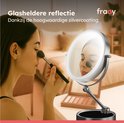 Vrouw met donker haar gebruikt een make-upkwast voor haar gezicht voor de Fraay spiegel met LED-verlichting.