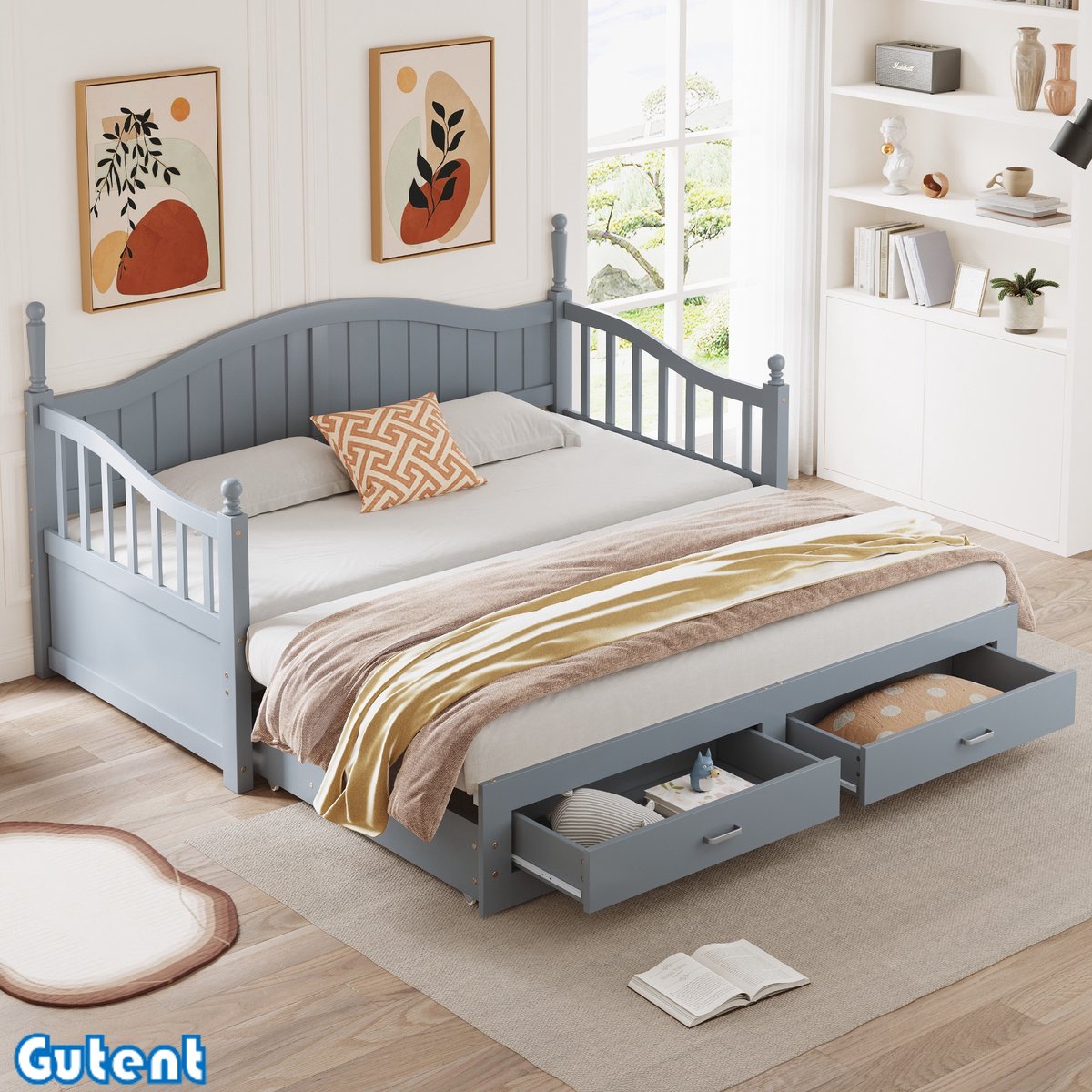 Gutent Sofabed-90/180*190 cm-verlengbaar massief hout-met Romeinse zuilen-gekromde rugleuning-met laden-Pine-Grijs-Zonder matras