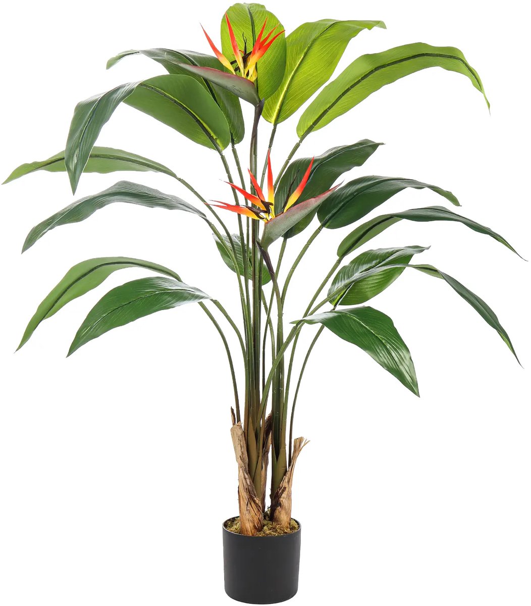 Strelitzia Kunstplant met bloem 130cm | Deluxe | Paradijsvogel kunstplant - Oranje bloemen - Kunstplant