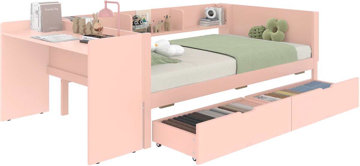 Plat bed - houten bed - 90x200cm - met bureau - voorzien van 2 lades - eenpersoonsbed - zonder matras - grenen spaanplaat - roze