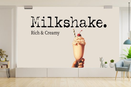Behang - Fotobehang Milkshake - Kers - Rietje - Breedte 435 cm x hoogte 260 cm