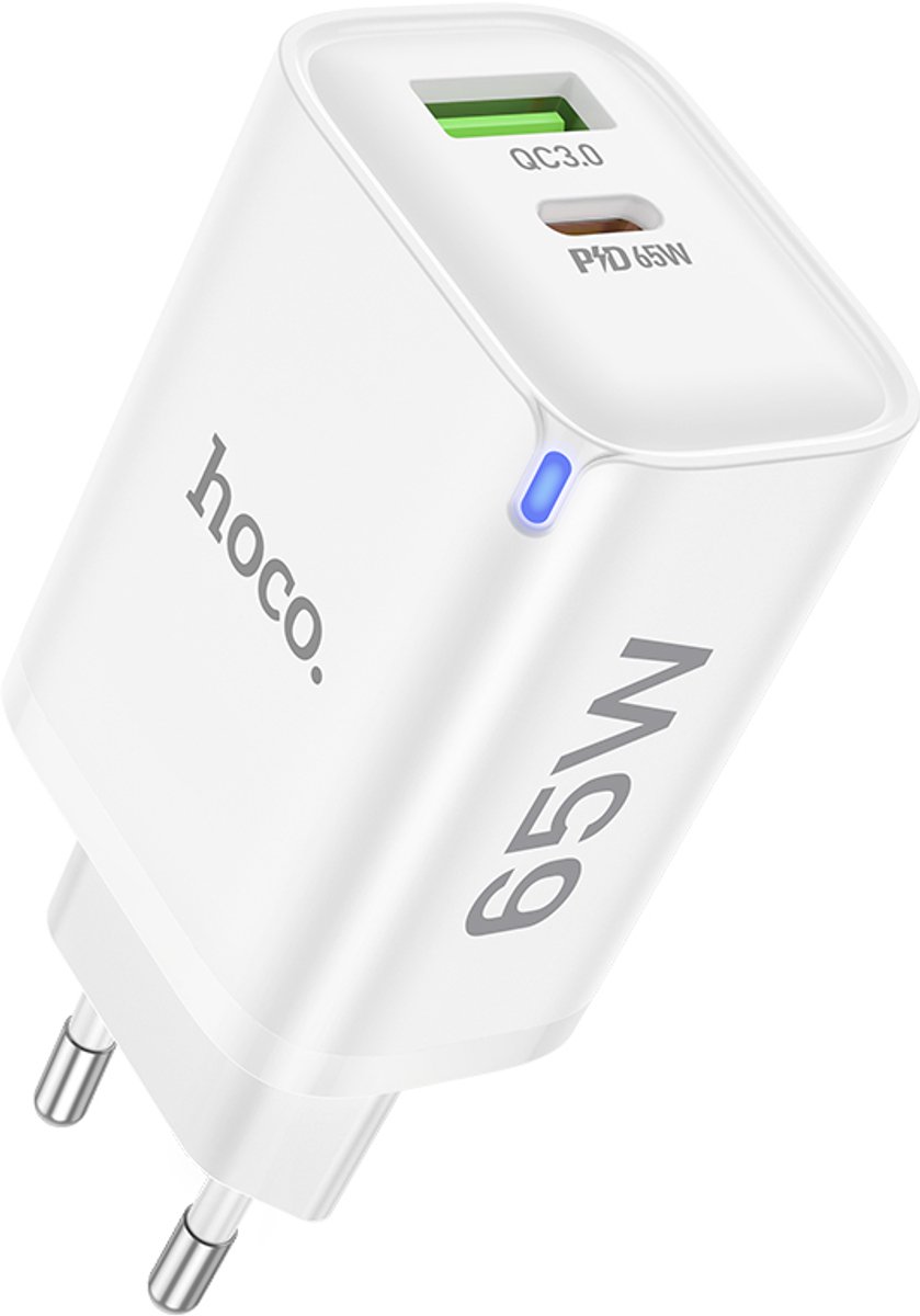 HOCO DC88 Stekker - 2-Poort Oplader PD 65W + QC3.0 - EU Plug - Snellader - Type C & USB-A - Wit