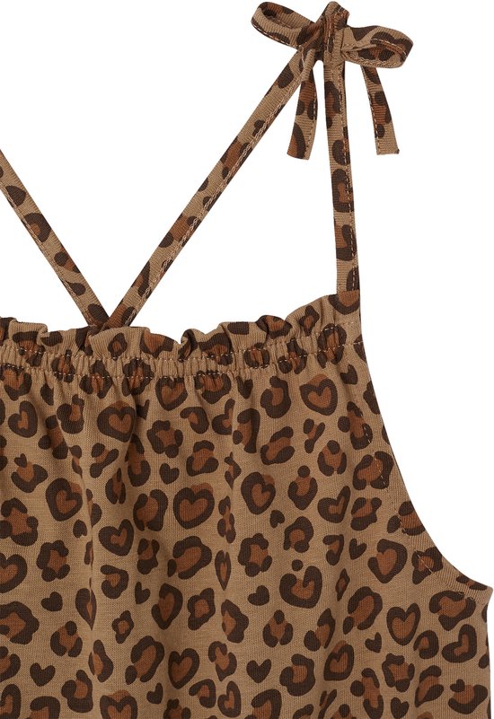 Bruine jumpsuit met luipaardprint, rucheboord en strikbandjes aan de schouders.