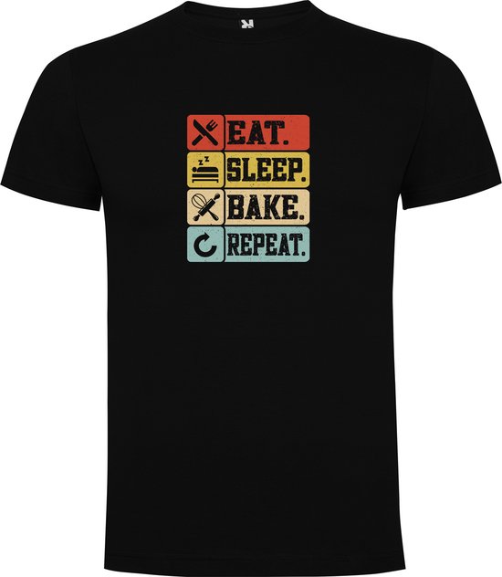 Zwart T-Shirt met Kleurrijke print “ Eat Sleep BAKE Repeat – Eten Slapen Bakken En nog een keer – Koken – Kok “ Print Full Color Maat 3XL