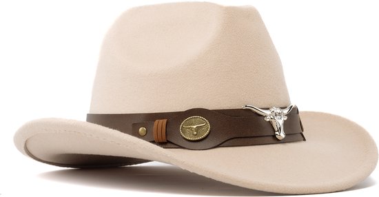 KIMU Cowboyhoed Beige Wolvilt Stier - Lichtbruine Cowboy Western Hoed Stierenkop Dames Heren - Cowgirl Zilveren Bull Carnaval