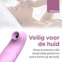 Gedetailleerde close-up van een roze Sinsaa speeltje. Tekst: "Veilig voor de huid".