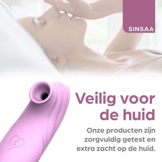 Gedetailleerde close-up van een roze Sinsaa speeltje. Tekst: "Veilig voor de huid".
