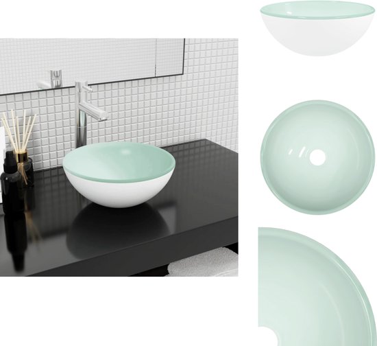 Lavabo rond blanc avec un bord vert menthe, en verre trempé.