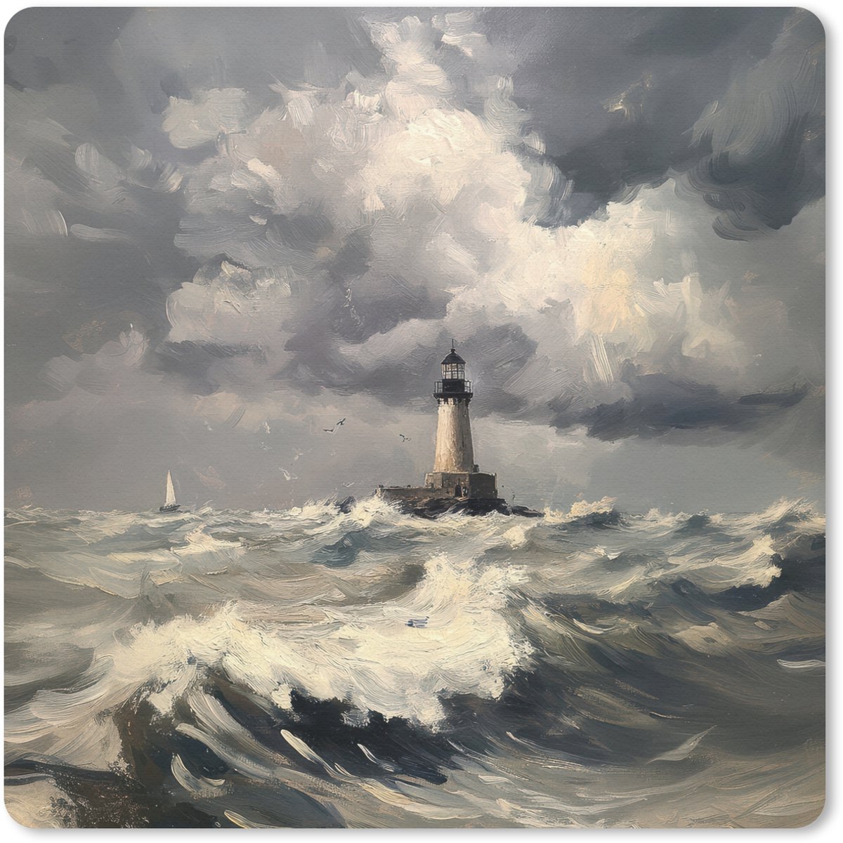 Muismat 20x20 cm - Mousepad Vuurtoren - Golven - Storm - Muismatten