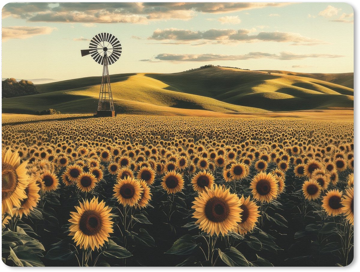 Muismat XXL 80x60 cm - Bureau onderlegger - Bureau mat Zonnebloem - Veld - Windmolen - Bureaumat - Gaming mousepad xl - Bureaulegger groot - Computer deskmat