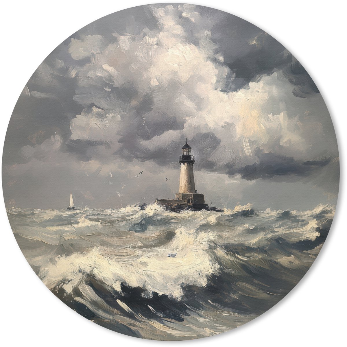 Muismat rond 20x20 cm - Mousepad Vuurtoren - Golven - Storm - Ronde muismatten
