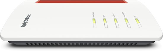 Witte FRITZ!Box 4690 router met rode ventilatie en vier statuslampjes op de voorkant.