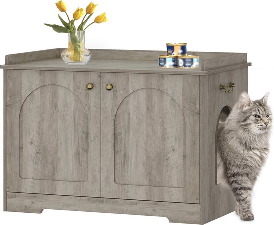 Hzuaneri Kattenkast, kattentoilet, kattenbakkast, kattenhuis met deur en aparte scheidingswand, 50 x 80 x 61 cm, stabiele kattenkast, zitbank, Zwart en goud CB01504G