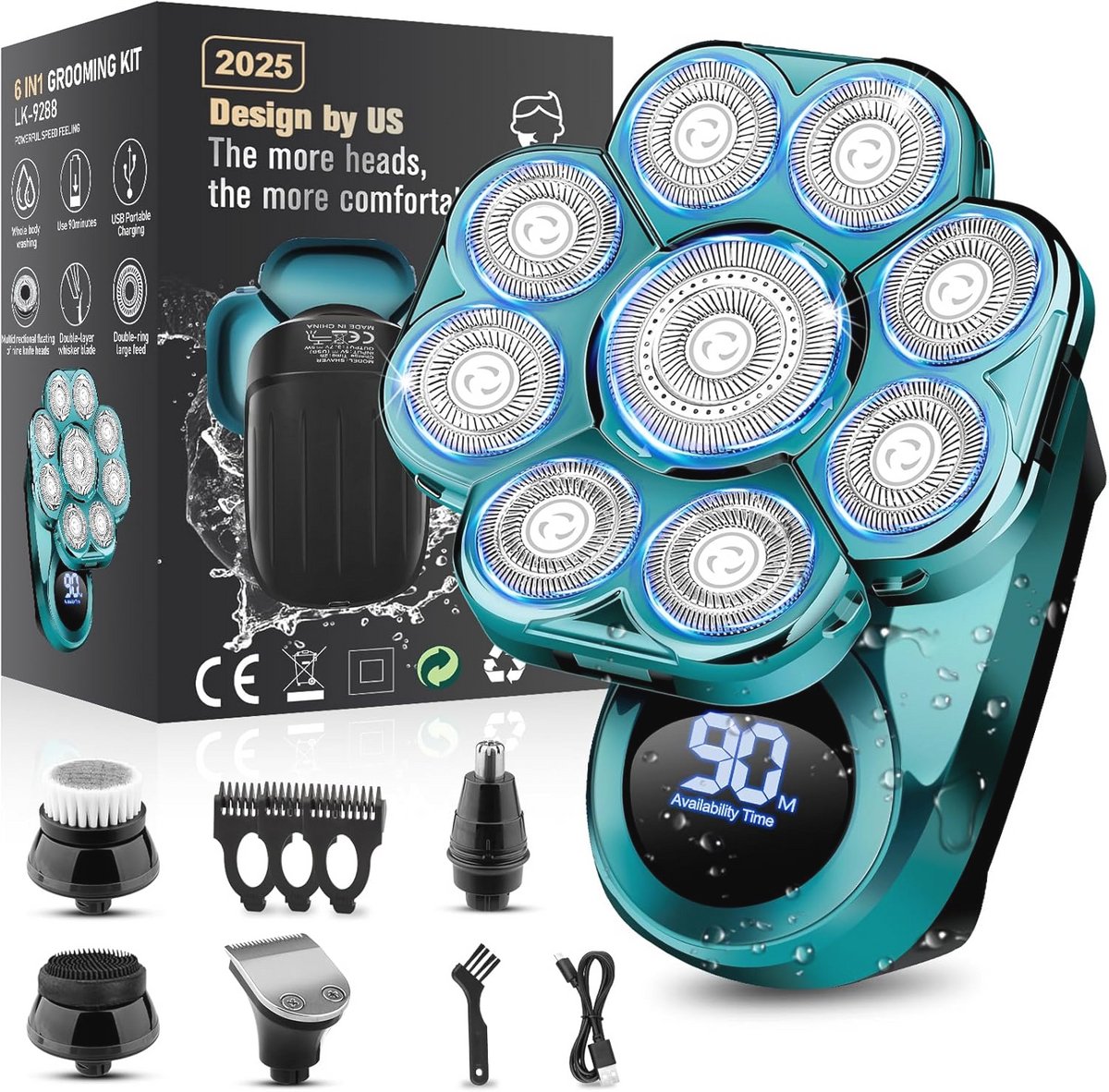 9D elektrisch scheerapparaat voor mannen - 6-in-2 waterproof verzorgingsset, draadloos oplaadbaar