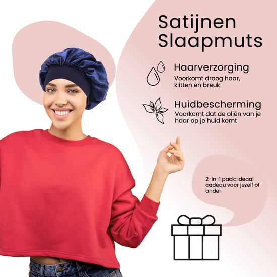 Een jonge vrouw met een donkerblauwe satijnen slaapmuts. Iconen en tekst over haarverzorging en huidbescherming.