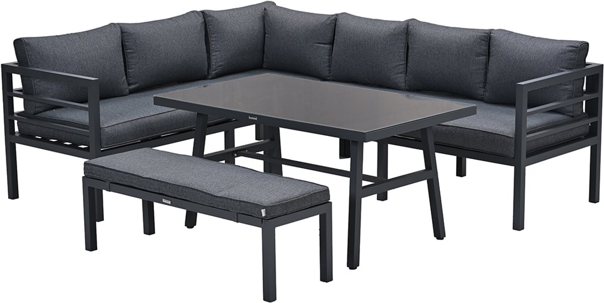 Moderne zwarte lounge-diningset voor buiten, 4-delig met reflex zwart kussen.