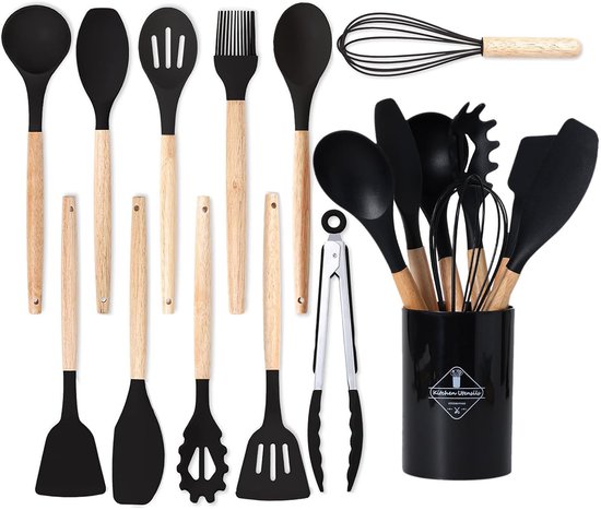 HAUSS SPOLE keukengerei set met Houder 12-delig – Hittebestendig Antiaanbak Veilig – Voor Dagelijks Koken – Kookgerei Set - Garde - Spatel Silicone - Zwart