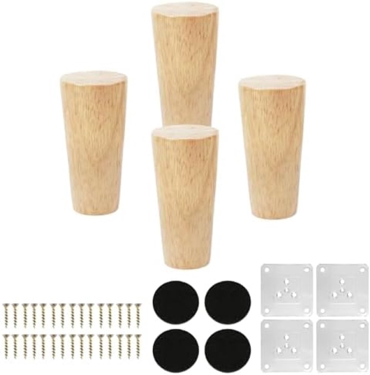 4 stuks houten tafelpoten, 15 cm massief houten kegelvormige vervangende bankpoten, meubelpoten, sokkelpoten, tafelpoot van eikenhout, meubelpoten met montageplaten en schroeven voor stoelen en sofa