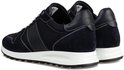Achterkant van donkerblauwe PME Legend sneakers met witte stiksels en een witte zool.