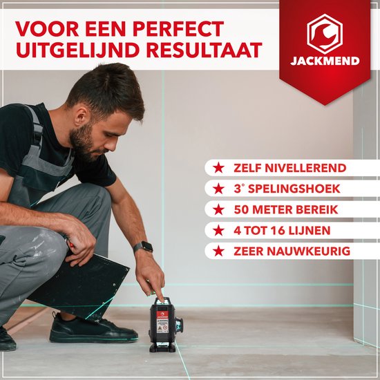 Man plaatst kruislijnlaser en creëert zelfnivellerende, nauwkeurige laserlijnen op de vloer.