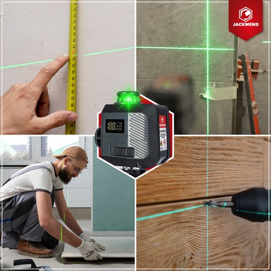 Montage van tegels, meten van hoogte, boren en plaatsen van gipsplaat met behulp van een groene laser.