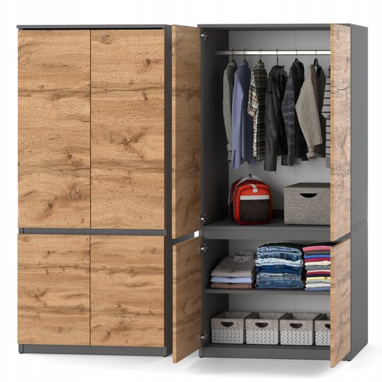 Meubles Square - Armoire Opstalo - Anthracite / Chêne - Armoire - Armoire de chambre