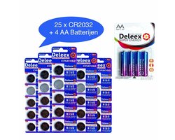 DELEEX CR2032 5x5 strips - totaal 25 stuks knoopcel LITHIUM batterijen + 4 stuks AA penlite