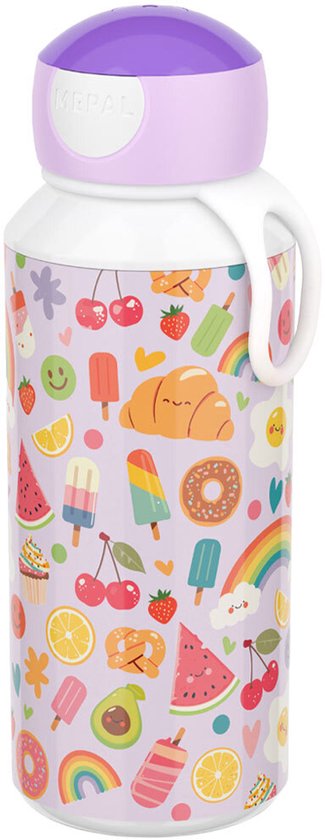Bouteille à eau lilas avec un imprimé joyeux de fruits, de glaces, de croissants, de donuts, de smiley et d'arcs-en-ciel.