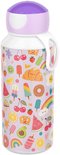 Bouteille à eau lilas avec un imprimé joyeux de fruits, de glaces, de croissants, de donuts, de smiley et d'arcs-en-ciel.