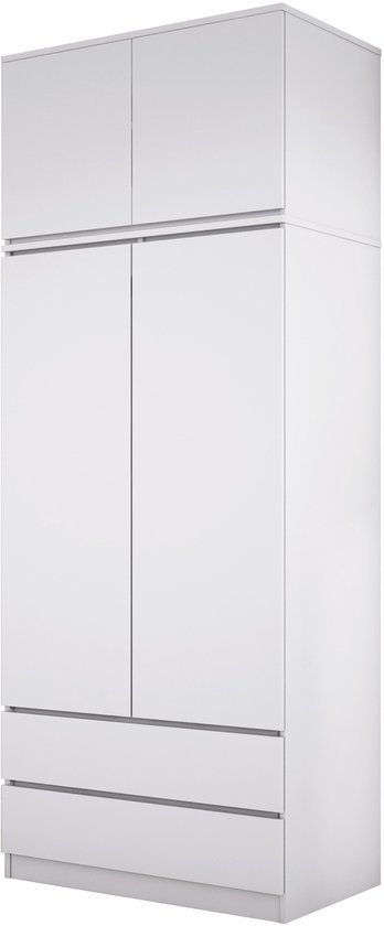 Hoge witte kledingkast met twee deuren boven twee lades.