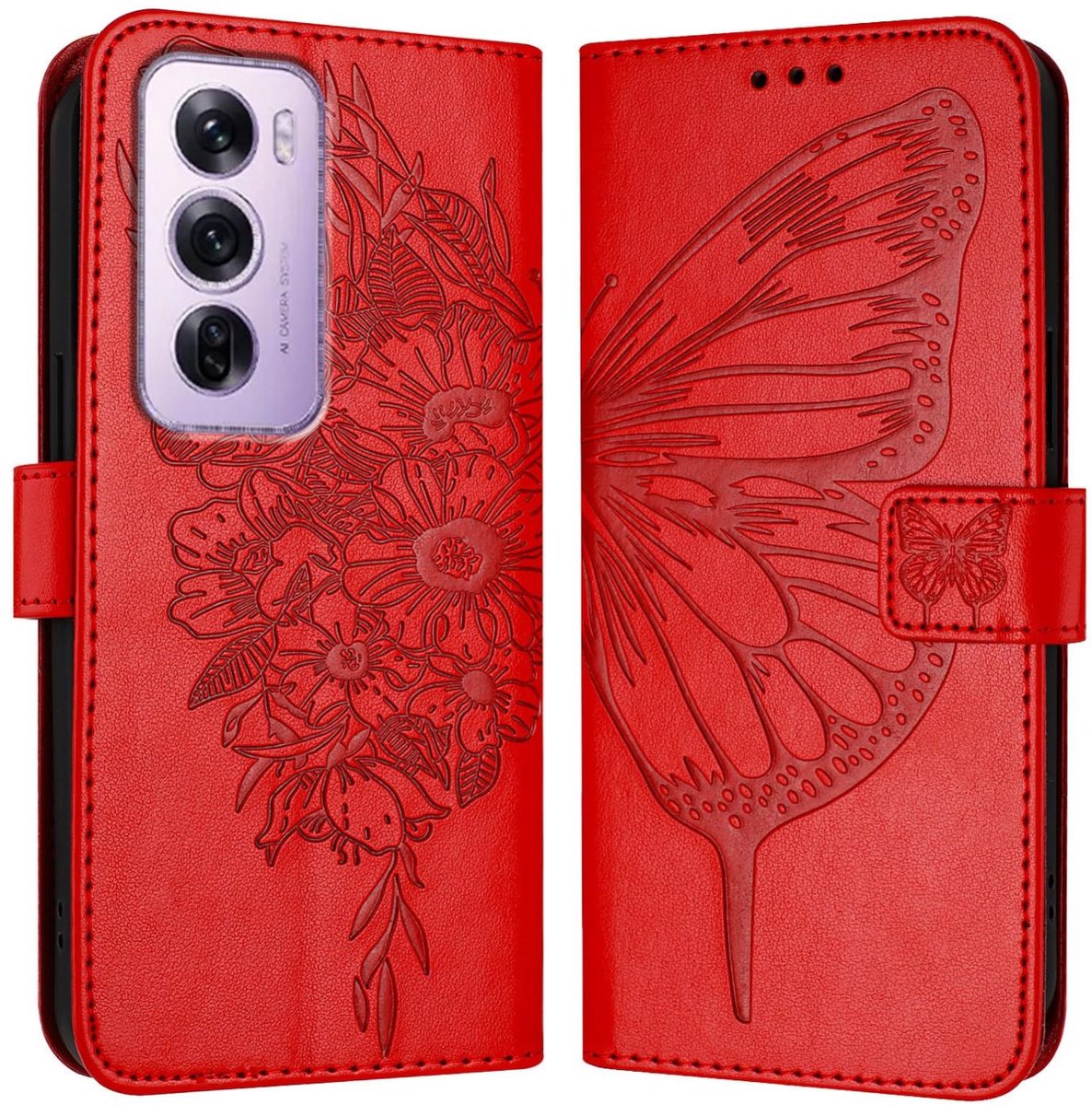 Mobigear Telefoonhoesje geschikt voor OPPO Reno 12 Pro Hoesje | Mobigear Butterfly Bookcase Portemonnee | Pasjeshouder voor 3 Pasjes | Telefoonhoesje voor Pinpas / OV Kaart / Rijbewijs - Rood
