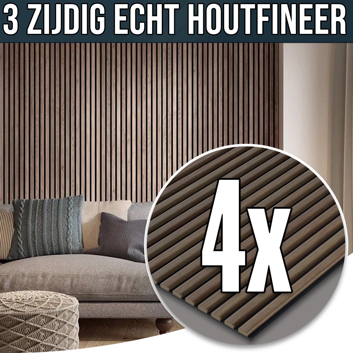 YSONIC Akoestische Wandpaneel - 4 Stuks - 260x60 - Echt Houtfineer - Luxe & Stijlvolle Geluidsabsorptie Eiken Akupaneel - 3 Zijdige Laminatie - Walnoot