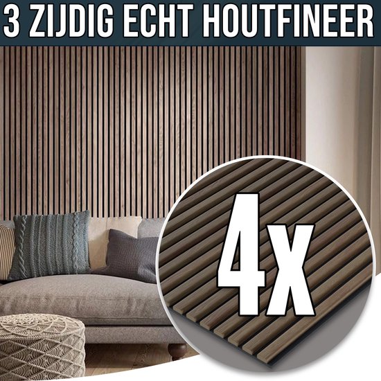 YSONIC Akoestische Wandpaneel - 4 Stuks - 260x60 - Echt Houtfineer - Luxe & Stijlvolle Geluidsabsorptie Eiken Akupaneel - 3 Zijdige Laminatie - Walnoot