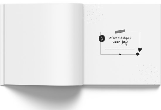 Opengeklapt afscheidsboekje. Rechts een kader met 'Afscheidsboekje voor juf' en decoraties.