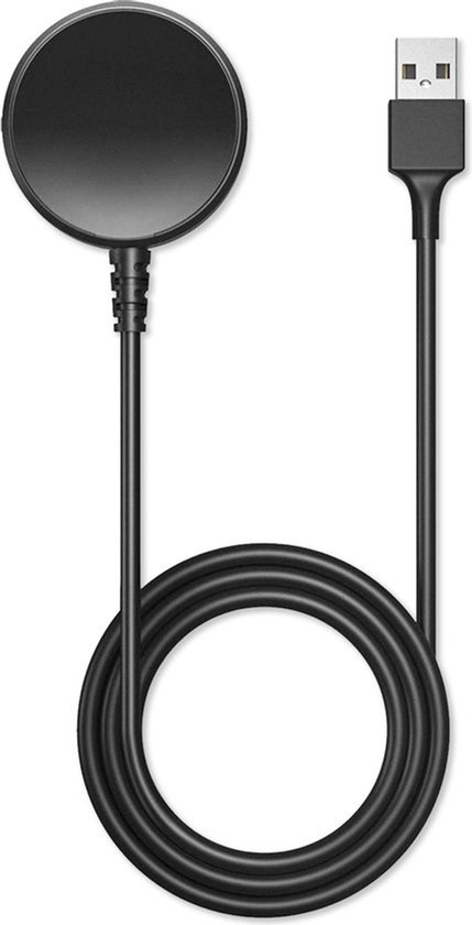 Zwarte draadloze smartwatch oplader met USB-kabel.
