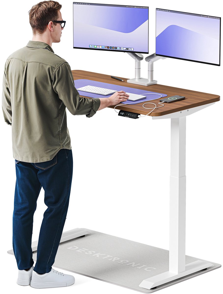Desktronic HomeOne Zit-sta Bureau Elektrisch In Hoogte Verstelbaar, 120x60cm, Wit/Notenhout, Stille Dubbele Motor, Hoogte 72-119cm