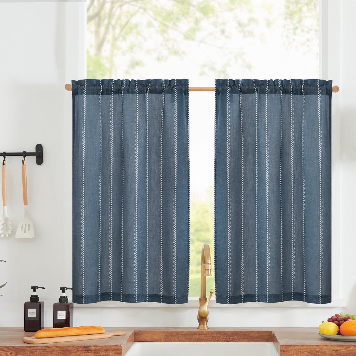 Unyqoos Moderne Boho Linnenlook Gordijnen voor Elke Kamer met Lichtfiltering, Set van 2, Blauw, 65 x 90 cm