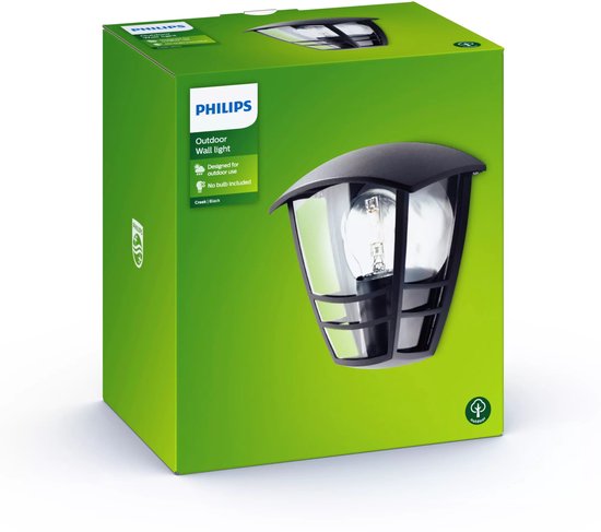 Philips Creek buitenwandlamp verpakking, zwart, ontworpen voor buiten.