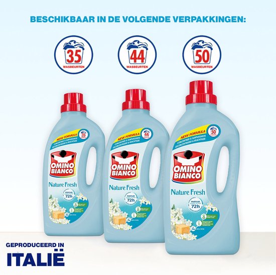 Omino Bianco Nature Fresh wasmiddel in verpakkingen van 35, 44 en 50 wasbeurten, geproduceerd in Italië.