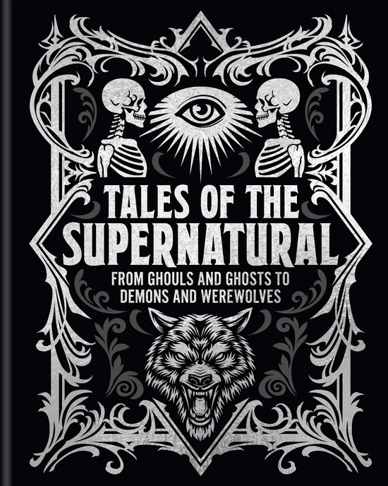Boek: Tales of the Supernatural, met een wolf, skeletten, oog en sierlijke versieringen.