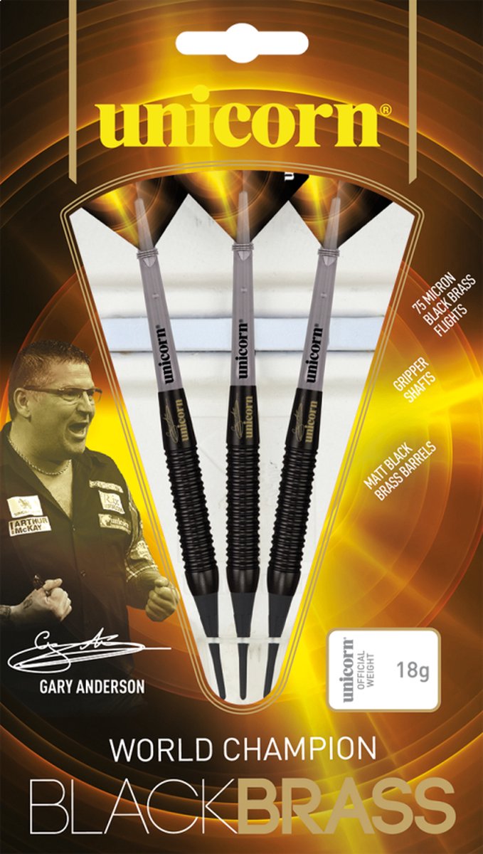 Unicorn Gary Anderson World Champion Black Brass Soft Tip - Dartpijlen - 16 Gram