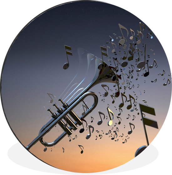 Une trompette avec des notes de musique Cercle mural aluminium ⌀ 120 cm - Tirage photo sur cercle mural / cercle vivant / cercle de jardin (décoration murale) XXL / Groot format!