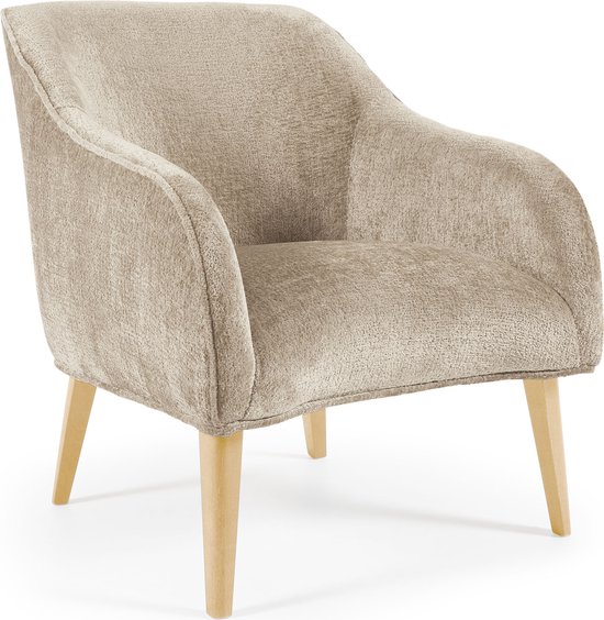 Kave Home - Bobly fauteuil in beige chenille met houten poten en natuurlijke afwerking