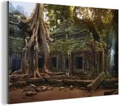 Wanddecoratie Metaal - Aluminium Schilderij Industrieel - Boomwortels over de oude Ta Prohm-tempel in Angkor Wat - 180x120 cm - Dibond - Foto op aluminium - Industriële muurdecoratie - Voor de woonkamer/slaapkamer