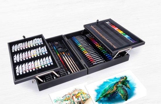 Coffret à dessin / peinture Artico de 174 pièces - dans un coffret en bois - aquarelle, Acryl et à l'huile, Craie, Marqueurs, Crayons de couleur de couleur et accessoires