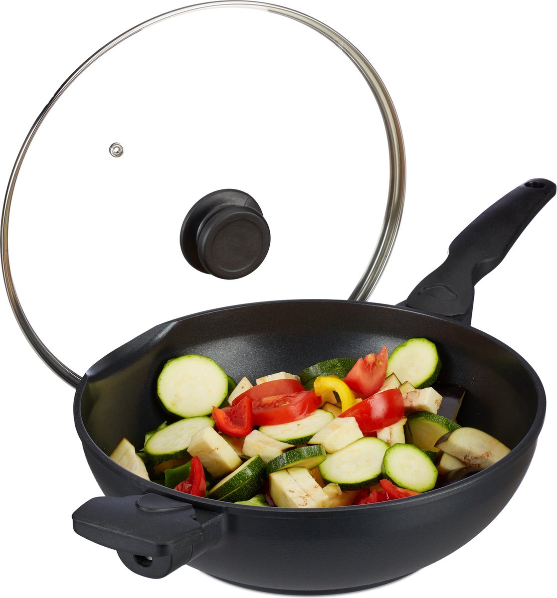 Relaxdays wokpan met deksel 30 cm - wok antiaanbaklaag - 4 liter steelwok - met handgreep