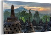 Wanddecoratie Metaal - Aluminium Schilderij Industrieel - Zonsopgang bij de tempel Borobudur in Indonesië - 120x60 cm - Dibond - Foto op aluminium - Industriële muurdecoratie - Voor de woonkamer/slaapkamer